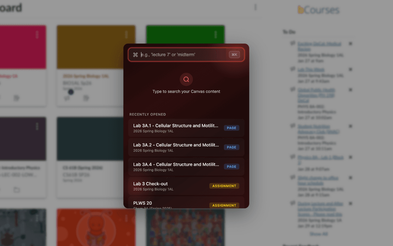 The Canvascope search overlay open on top of a Canvas course dashboard, showing recently opened assignments and pages.