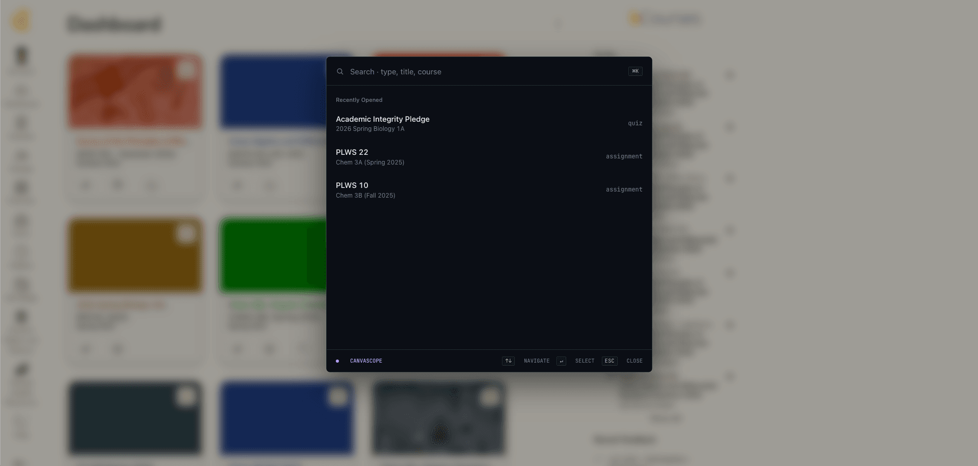The Canvascope search overlay open over a Canvas course, listing recent assignments, files, and pages.