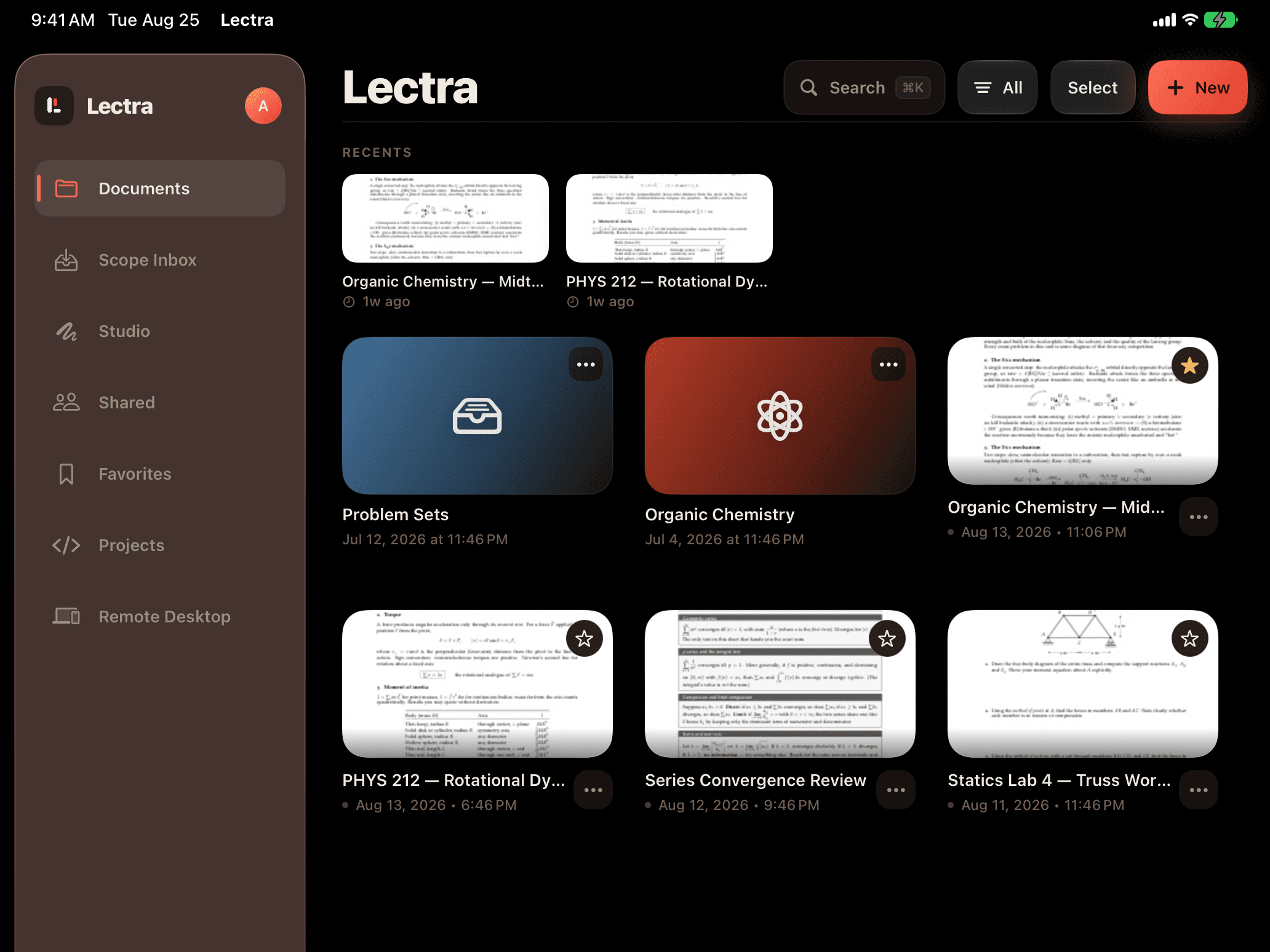 Lectra Notes document library on iPad, landscape, 2064 × 1548 PNG. Sidebar with Documents, Scope Inbox, Studio, Projects, and Remote Desktop.