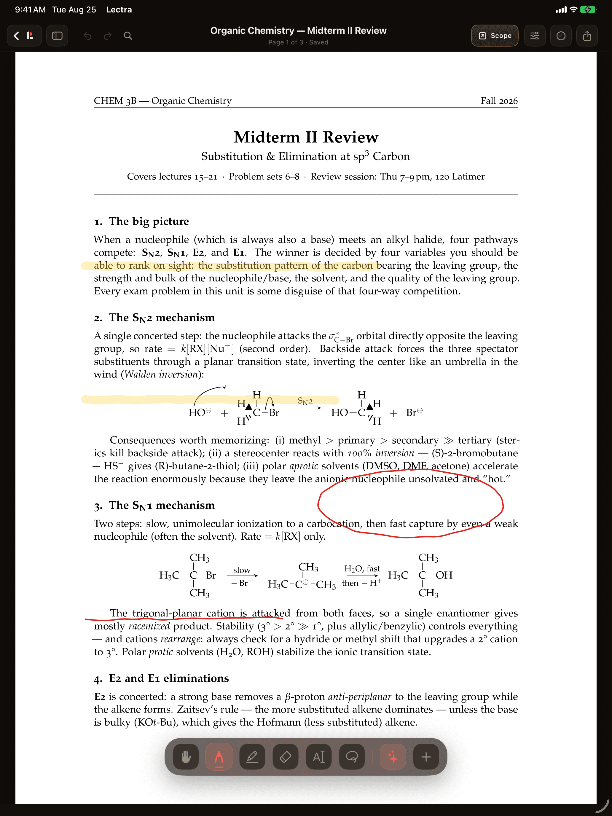 Lectra Notes marking up an organic chemistry review PDF on iPad, portrait, 2064 × 2752 PNG. Highlighter, pen, and the Scope button visible.