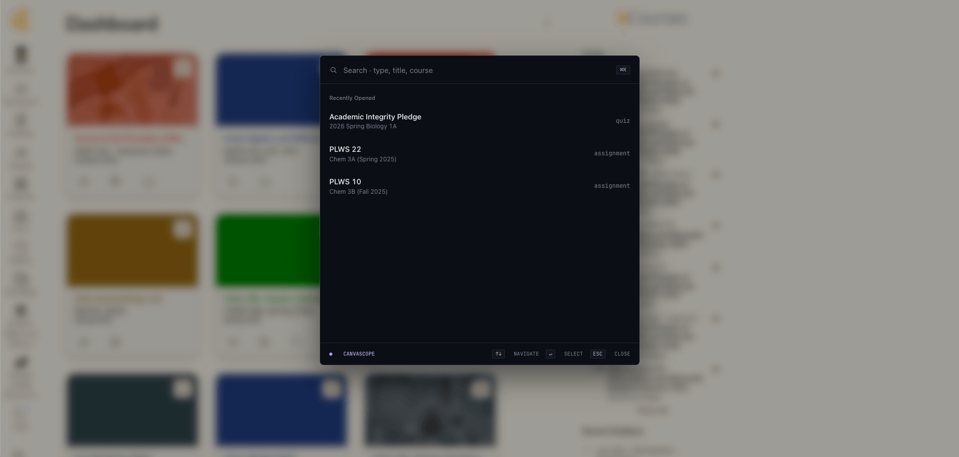 Scope's search open over a blurred Canvas dashboard, listing recently opened items from three courses.