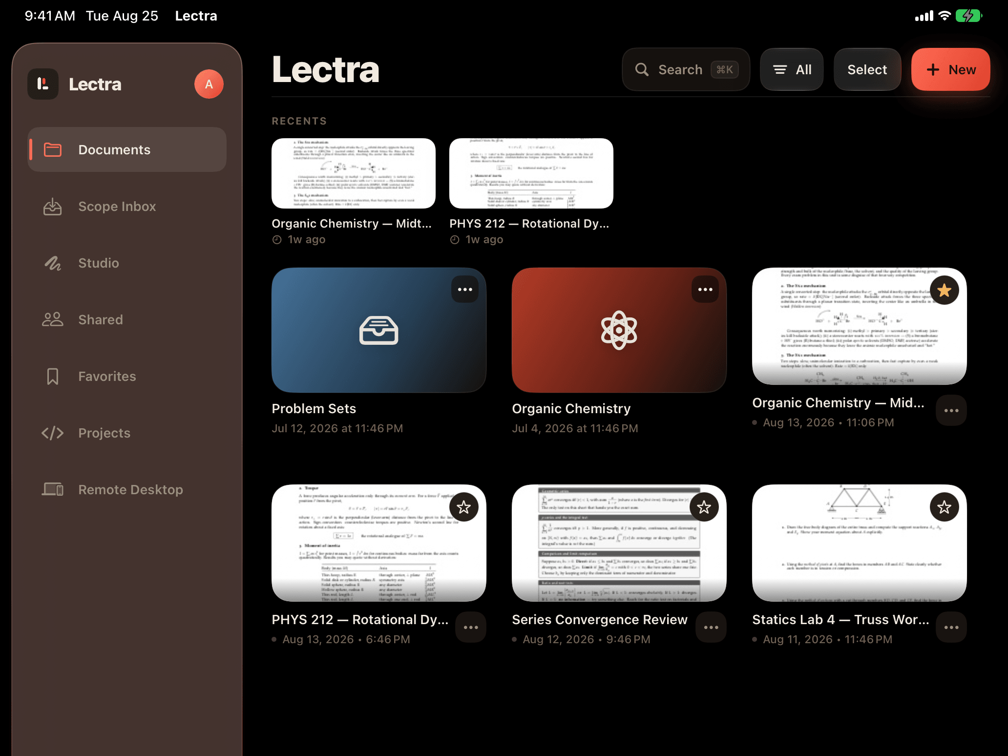 The Lectra Notes library on iPad, showing recent course documents including an organic chemistry midterm review, a physics rotational dynamics reading, and a statics lab worksheet.