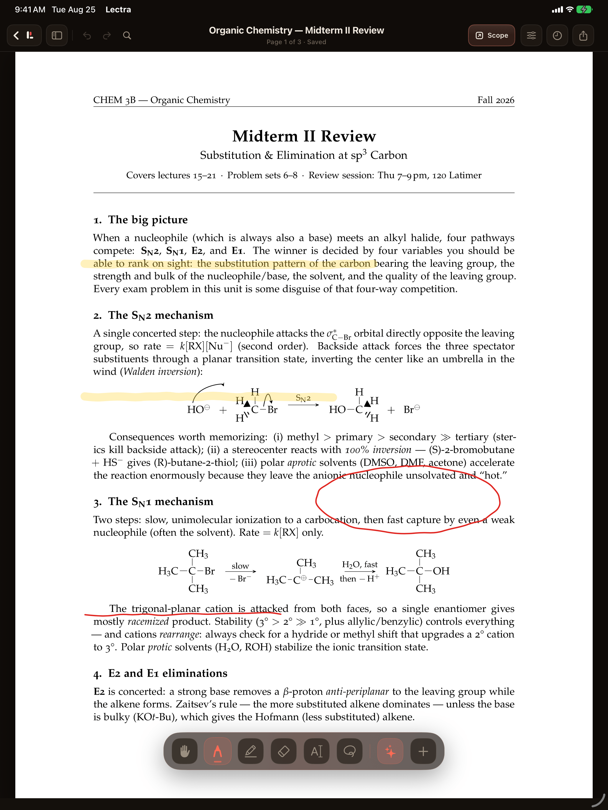 Lectra Notes on iPad: an organic chemistry midterm review PDF marked up with a yellow highlight, a circled paragraph, and a red underline, with the ink toolbar at the bottom of the page.